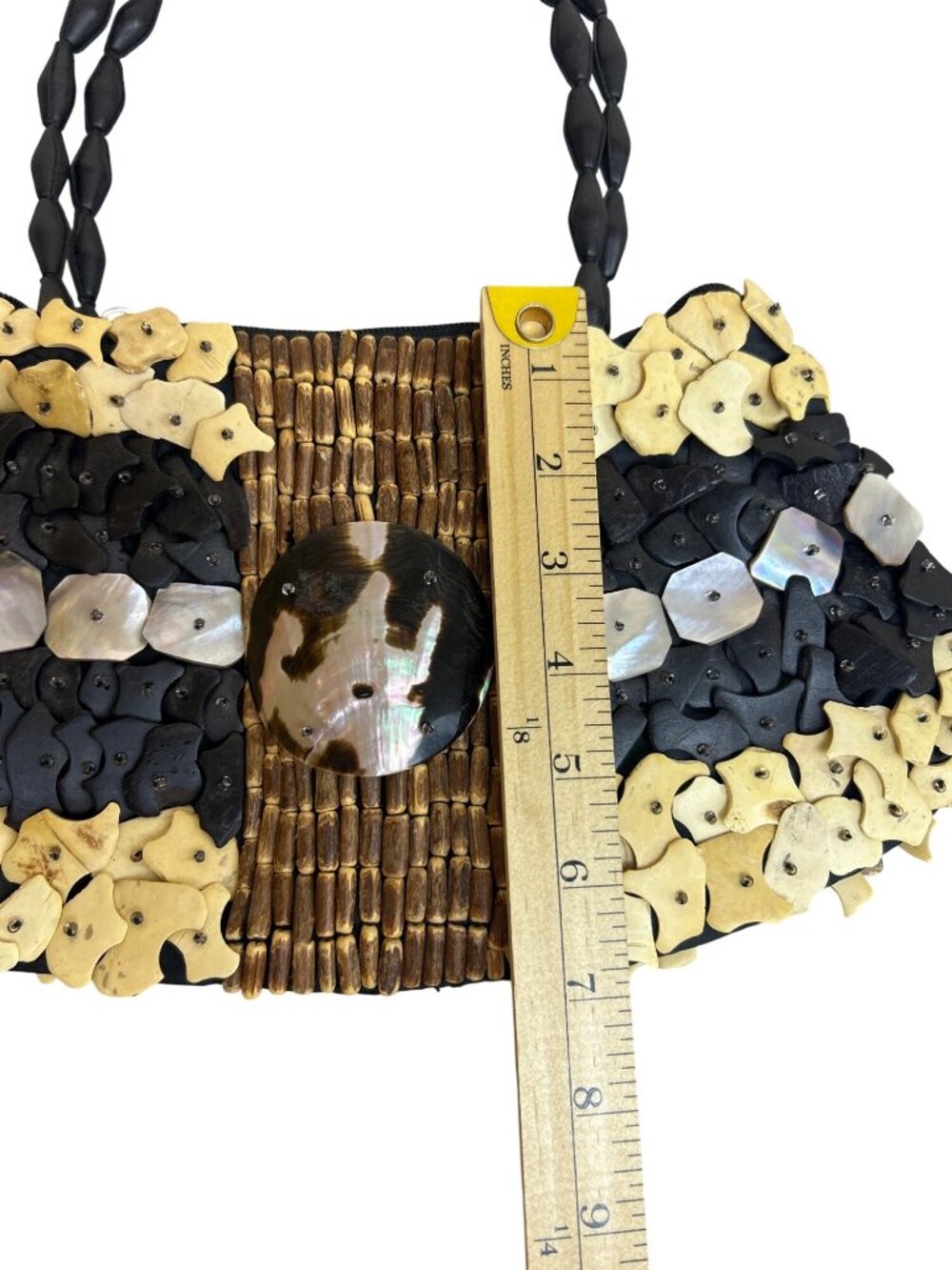 Handmade Woven Bag Black Beige Iridescent Shells Wood Boho Beach Casual Purse - Picture 7 of 11